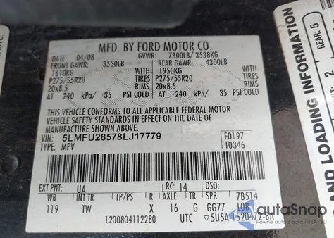 2008 Lincoln Navigator из США, поврежденный, VIN 5LMFU28578LJ17779